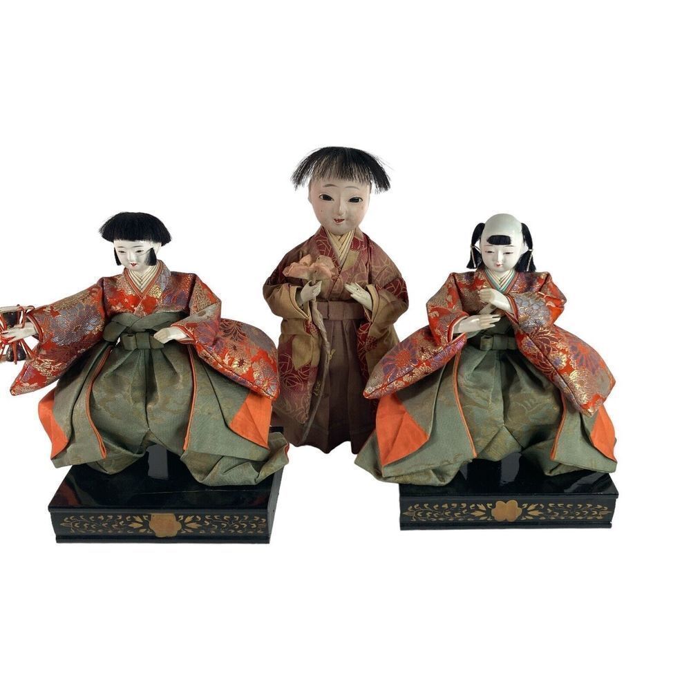 3 Vtg Japanese Hina Dolls Emperor Wood Boys 2 Musicians Pedestal